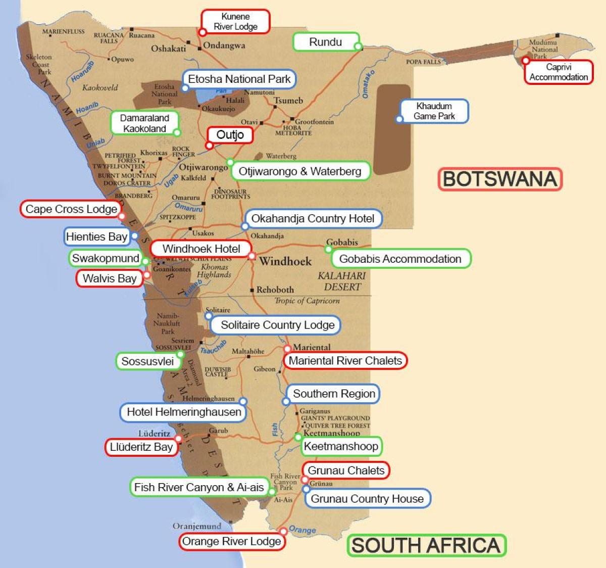 Karta över Namibia lodger
