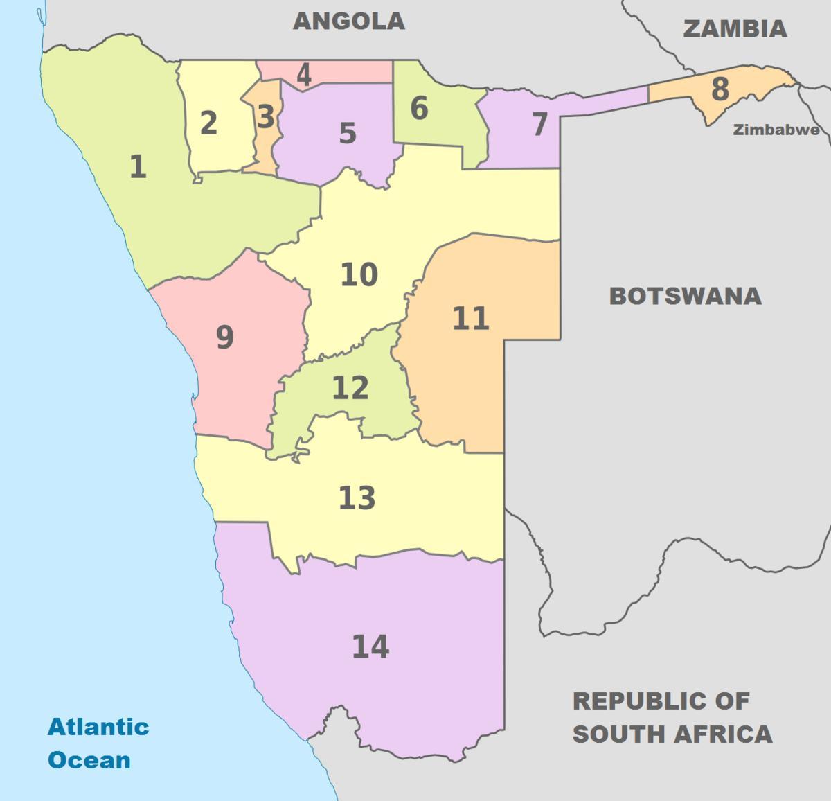 Namibia regioner karta - Politisk karta i Namibia i Södra Afrika - Afrika)
